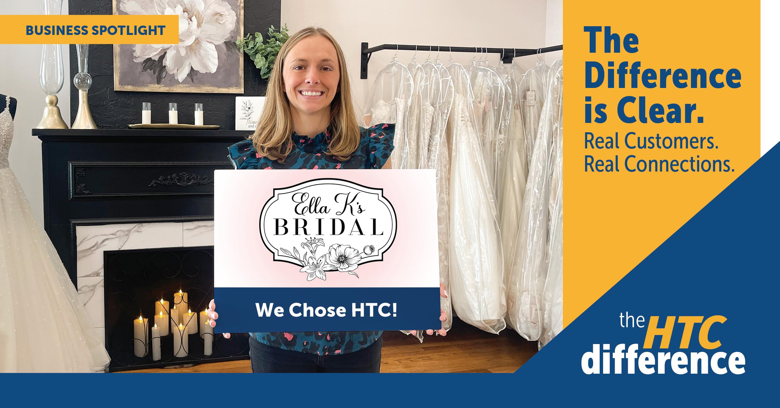 Business spotlight graphic featuring Ella K's Bridal and the "the HTC difference" logo