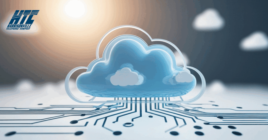 A graphic depicting a blue cloud and lines representing data going into the cloud, to showcase cloud storage