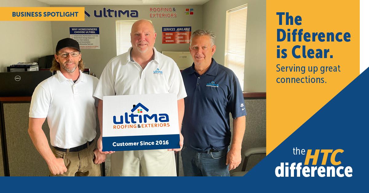 Blog header image for Ultima Roofing & Exteriors spotlight. Includes the HTC logo, the words "The Difference is Clear" and a picture of the Ultima Roofing team and logo.